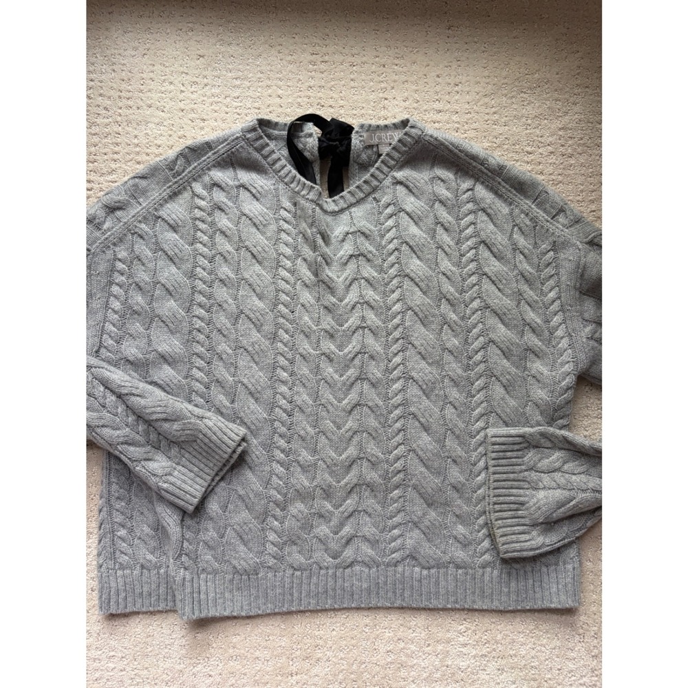 J.Crew Sweater S Gray Lambswool Blend Cable Knit Ribbon Tie Back Preppy Coquette